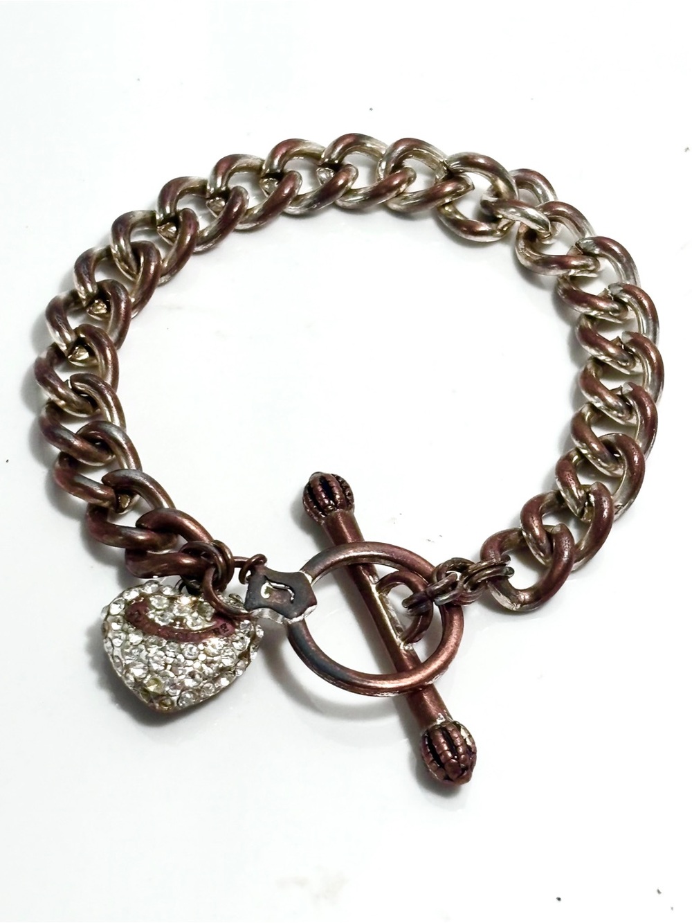 Vintage Y2K Juicy Couture Bronze Chain Bracelet with Pave Crystals Heart Charm